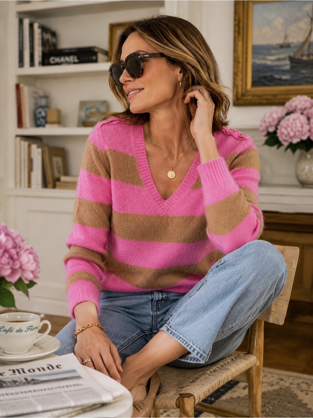 J.Crew Pink Camel Striped Mohair Wool Sweater XS V Neck Shoulder Buttons